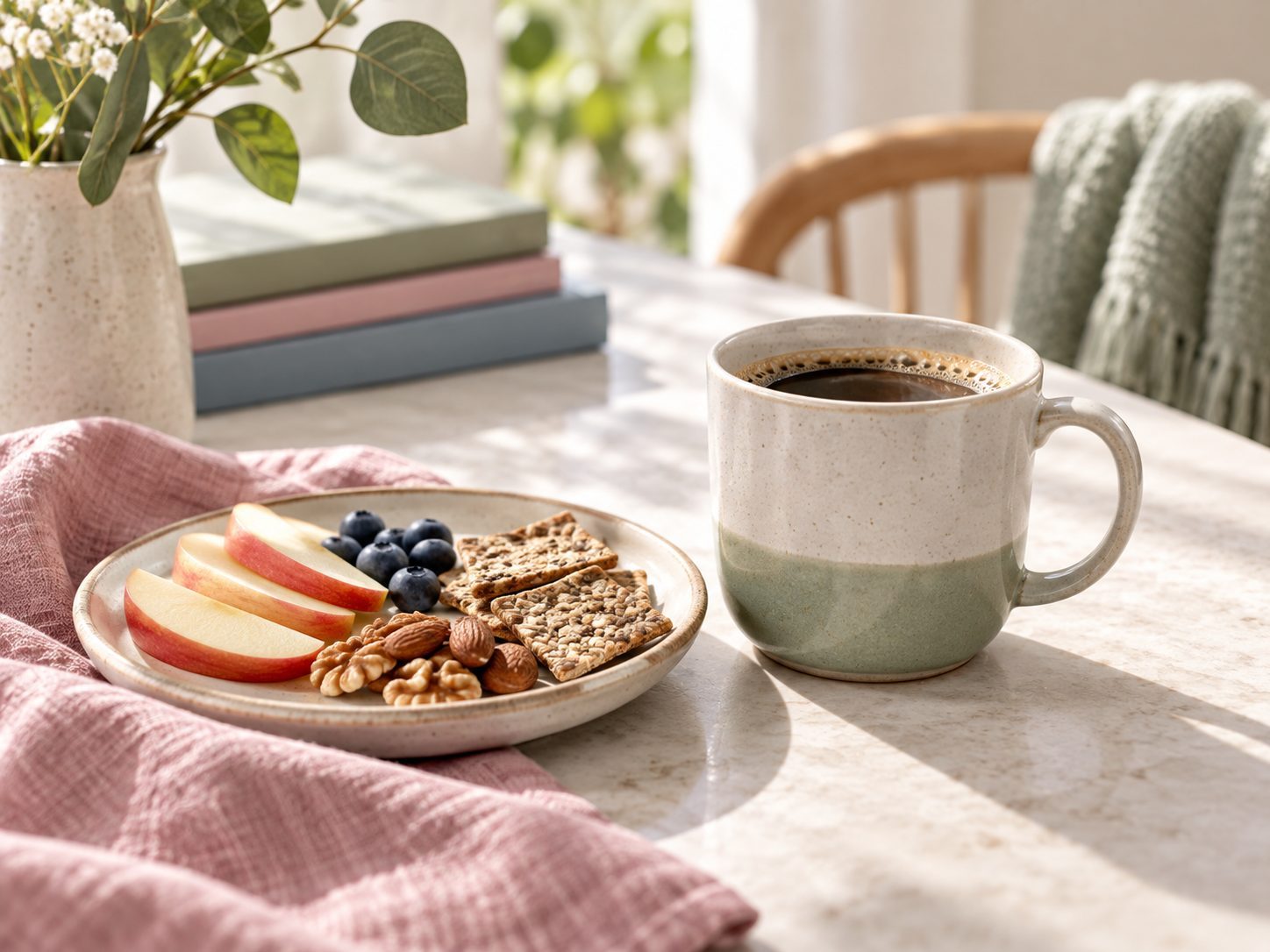 A mug of coffee and a small plate of apple slices, blueberries and crackers on a sunny table