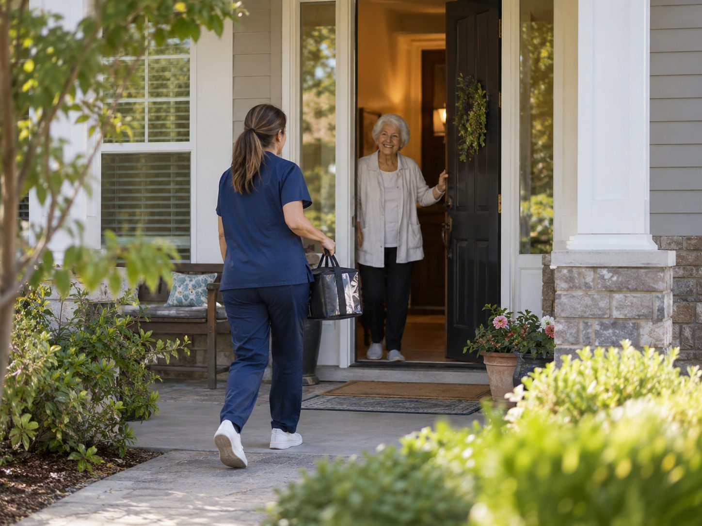 A caregiver carrying a meal bag walks up the front path as a smiling older woman opens the door