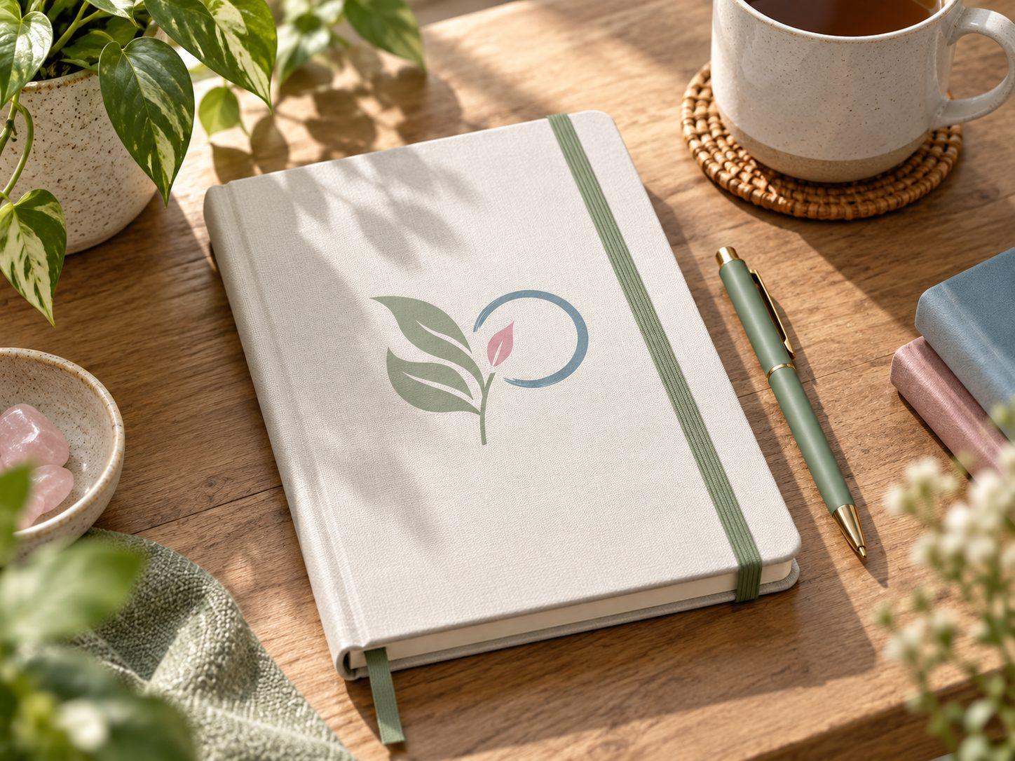 A closed linen notebook, a green pen and a cup of tea on a sunlit wooden table